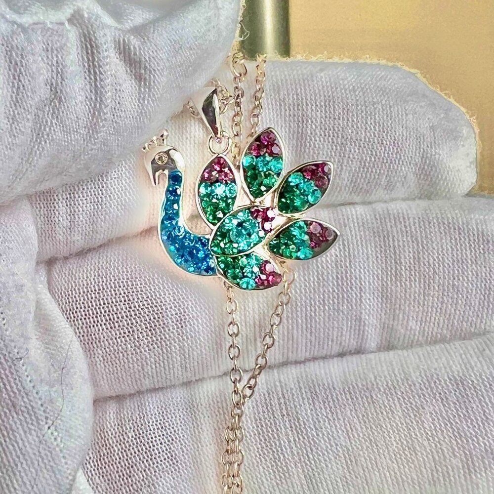 Crystal Peacock Pendant Necklace, Bird Necklace, Crystal Jewelry, Pendants